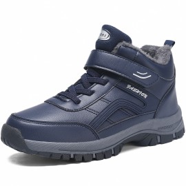 Men's Water Repellent Snow Boots With Hook And Loop Fastener, Winter Thermal Shoes, Windproof Hiking Boots With Fuzzy Lining