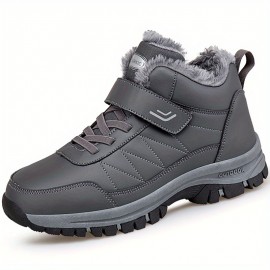 Men's Faux Leather Snow Boots, Warm Fleece Cozy Non-slip Ankle Boots Plush Comfy Outdoor Hiking Shoes Fur Lined Trekking Shoes, Winter