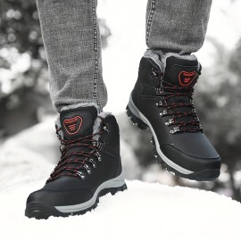 Men's Outdoor Snow Boots, Winter Thermal Shoes, Windproof Hiking Boots With Fuzzy Lining