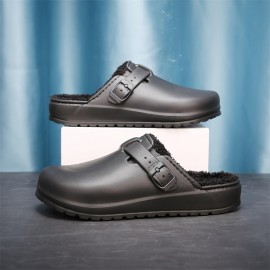 Men's Cozy EVA House Slippers, Waterproof Anti-skid Slip-on Shoes With Fuzzy Lining And Buckle Decor For Indoor Walking, Autumn And Winter