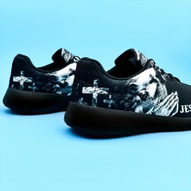 PLUS SIZE Men's Trendy Style Woven Knit Novelty Sneakers, Comfy Non Slip Lace Up Shoes For Men's Outdoor Activities