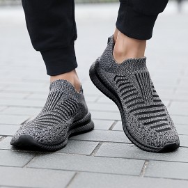 Men's Trendy Breathable Knit Striped Slip On Sneakers, Casual Outdoor Comfortable Anti-skid Shoes For Running Jogging