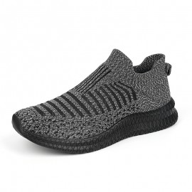 Men's Trendy Breathable Knit Striped Slip On Sneakers, Casual Outdoor Comfortable Anti-skid Shoes For Running Jogging