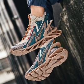 PLUS SIZE Men's Knit Breathable Blade Type Running Shoes With Shock Absorption, Comfy Non Slip Lace Up Sneakers For Men's Outdoor Activities